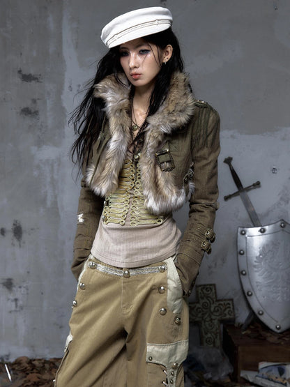 NO ROMANCE Distressed Vintage Cropped Slim Fit Long Sleeve Women Gold Khaki Jacket