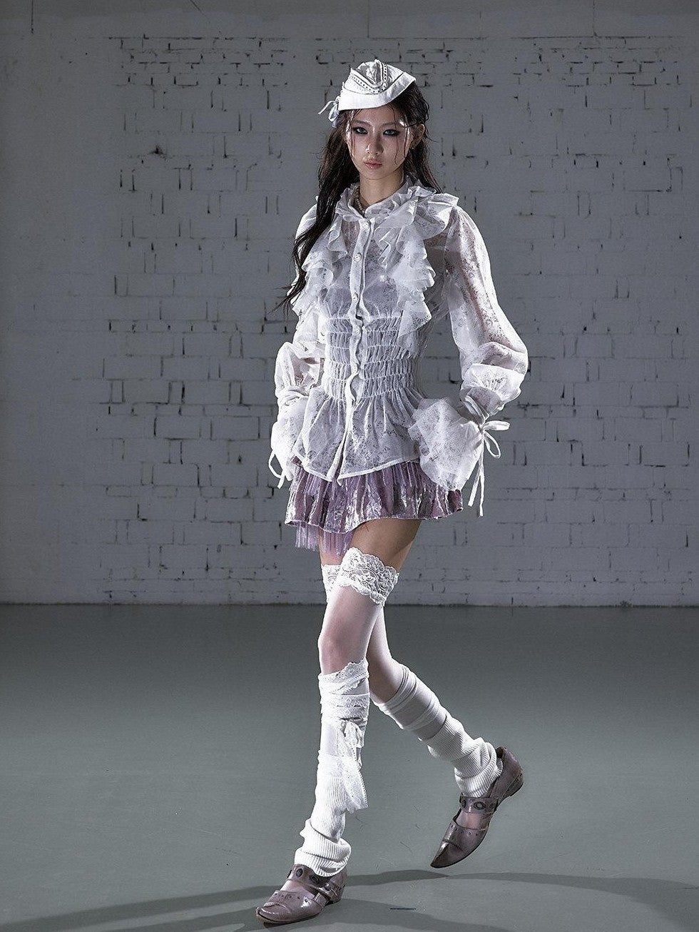 NO ROMANCE Dreamy Court Ruffle Gathered Waist Stand Collar Women&