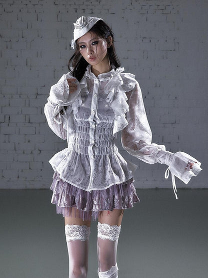 NO ROMANCE Dreamy Court Ruffle Gathered Waist Stand Collar Women&