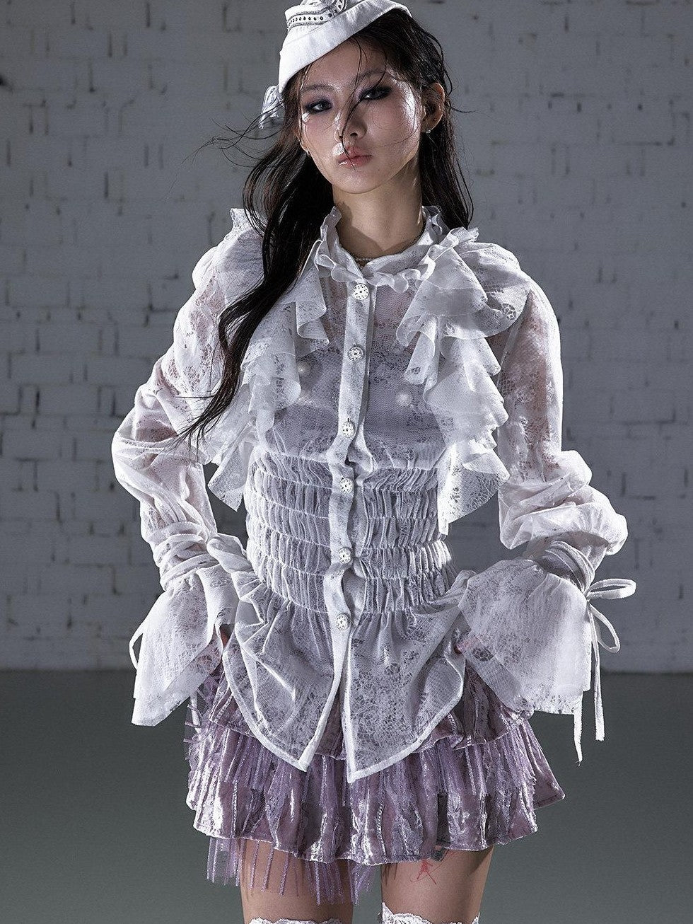 NO ROMANCE Dreamy Court Ruffle Gathered Waist Stand Collar Women&