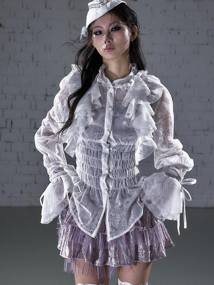 NO ROMANCE Dreamy Court Ruffle Gathered Waist Stand Collar Women&