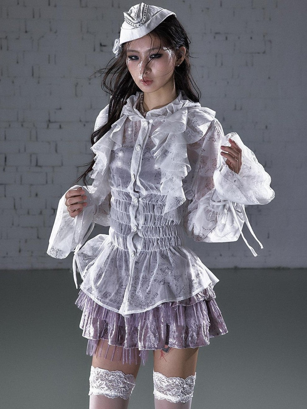 NO ROMANCE Dreamy Court Ruffle Gathered Waist Stand Collar Women&