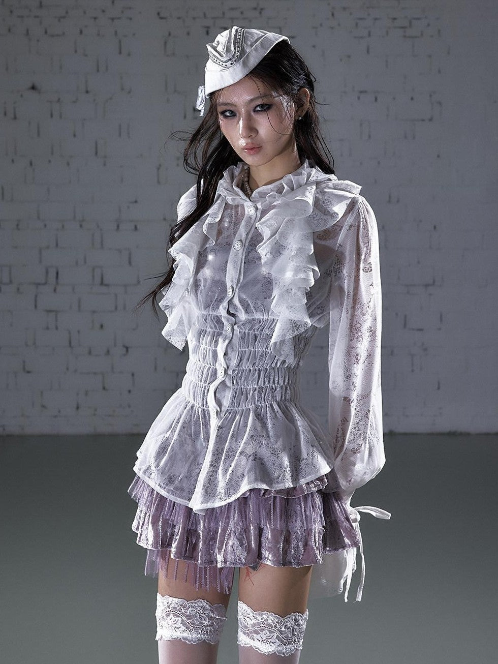 NO ROMANCE Dreamy Court Ruffle Gathered Waist Stand Collar Women&