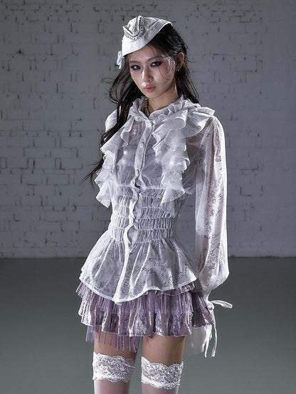 NO ROMANCE Dreamy Court Ruffle Gathered Waist Stand Collar Women&