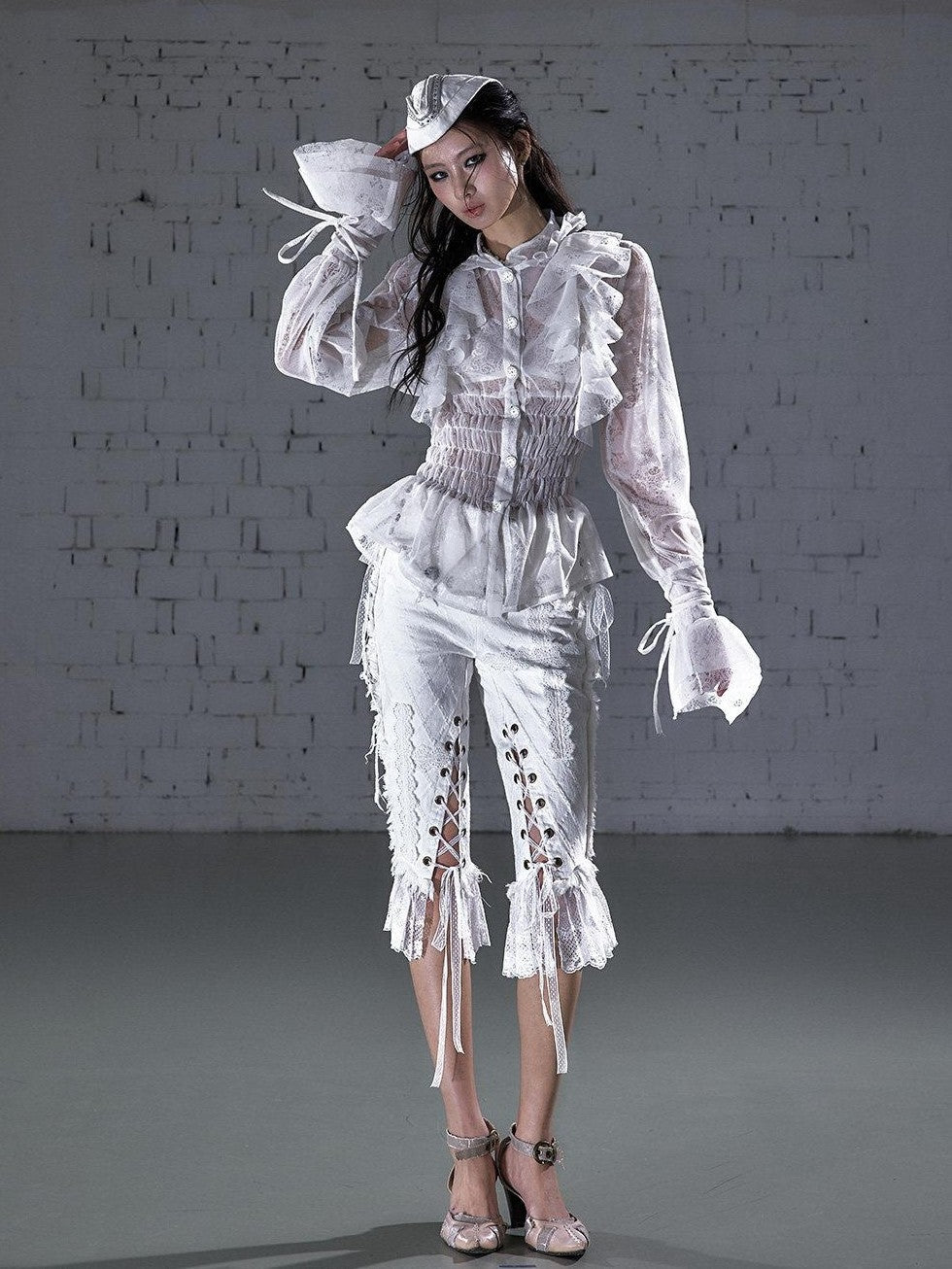NO ROMANCE Dreamy Court Ruffle Gathered Waist Stand Collar Women&