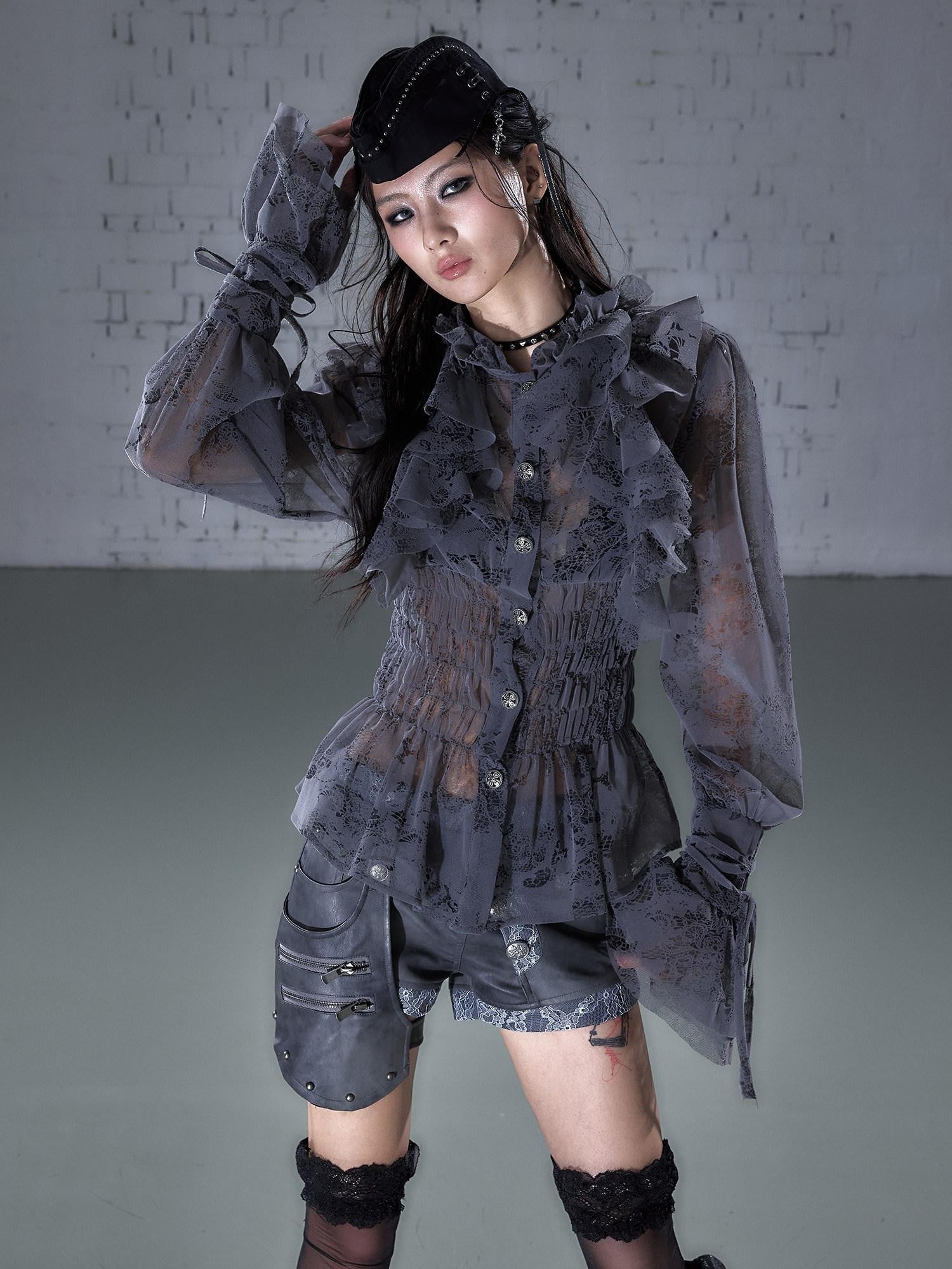 NO ROMANCE Dreamy Court Ruffle Gathered Waist Stand Collar Women&