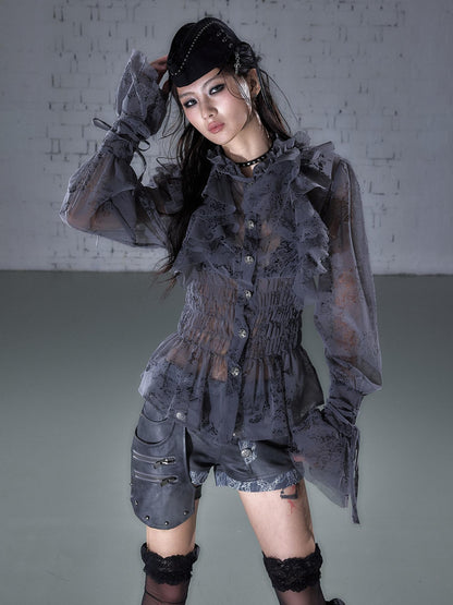 NO ROMANCE Dreamy Court Ruffle Gathered Waist Stand Collar Women&