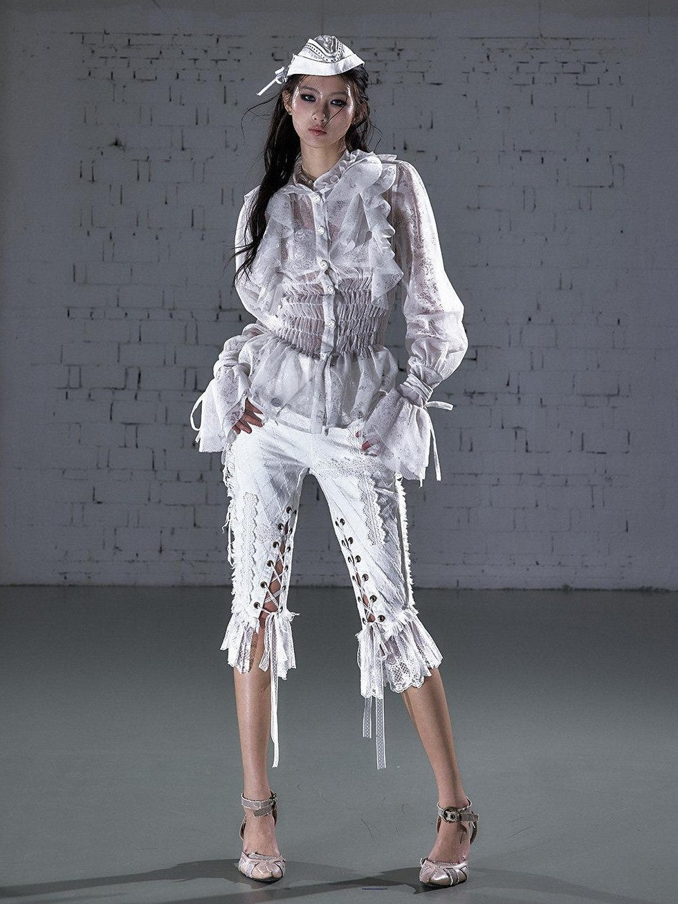 NO ROMANCE Dreamy Court Ruffle Gathered Waist Stand Collar Women&