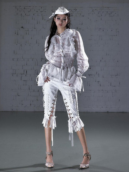 NO ROMANCE Dreamy Court Ruffle Gathered Waist Stand Collar Women&