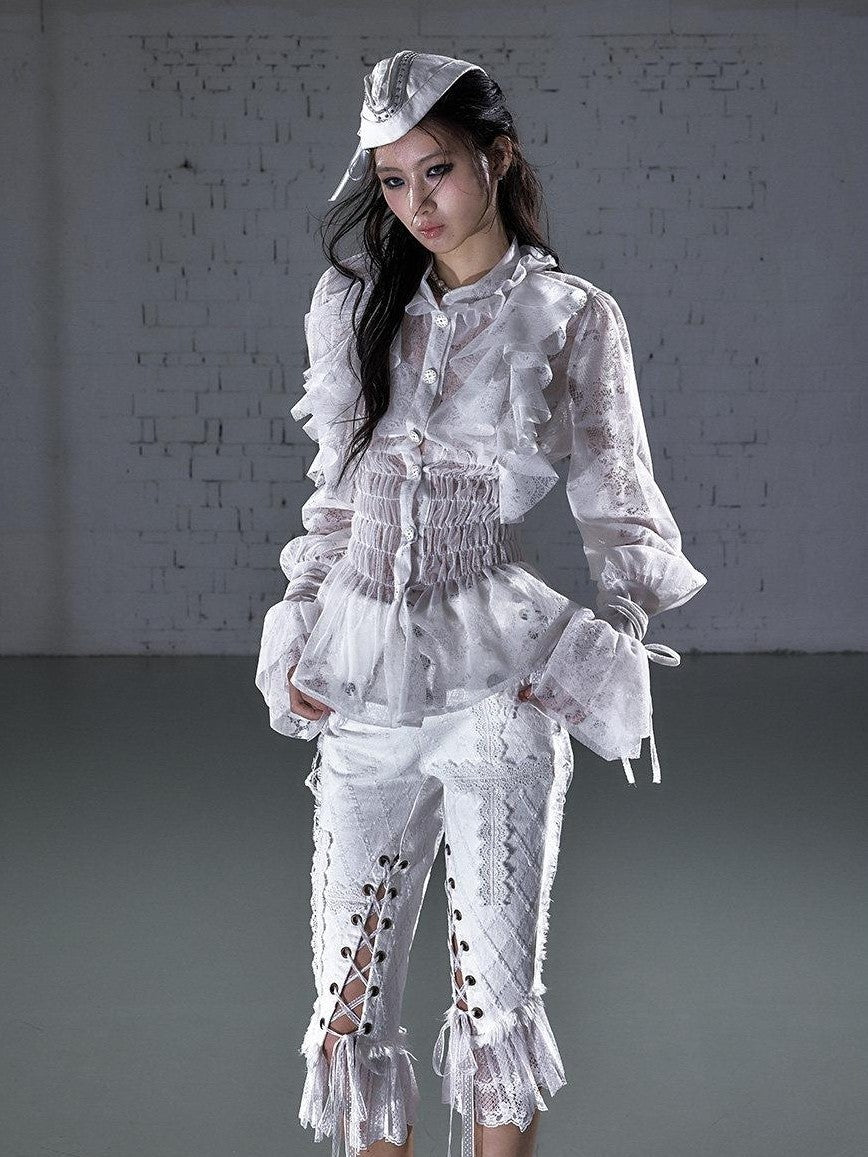 NO ROMANCE Dreamy Court Ruffle Gathered Waist Stand Collar Women&