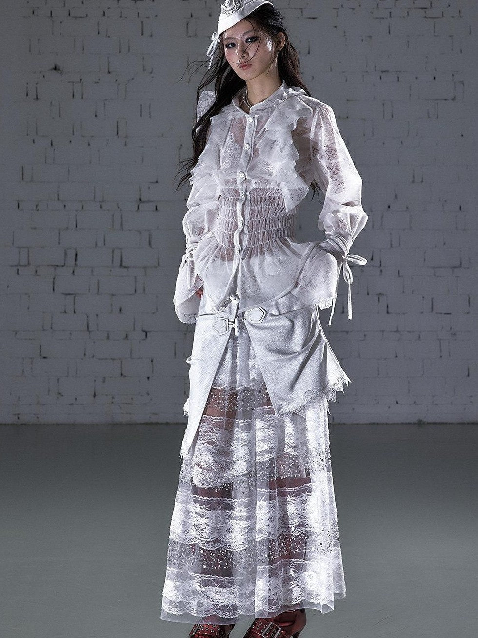 NO ROMANCE Dreamy Court Ruffle Gathered Waist Stand Collar Women&