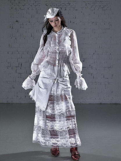 NO ROMANCE Dreamy Court Ruffle Gathered Waist Stand Collar Women&