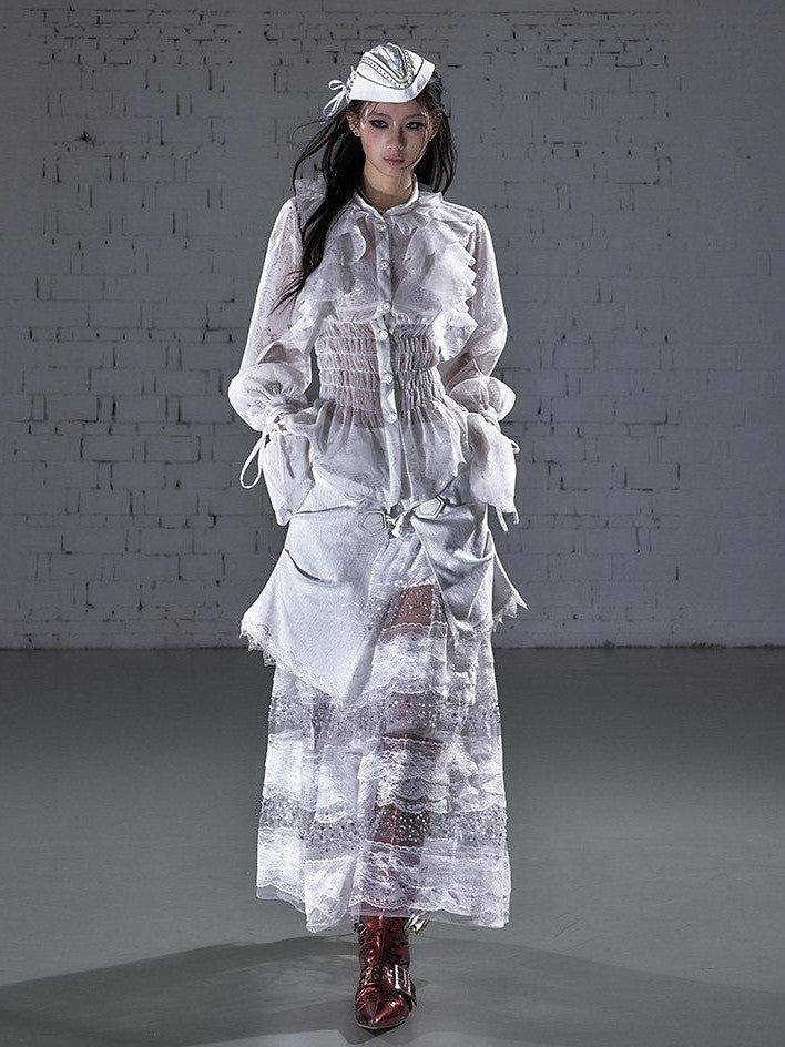 NO ROMANCE Dreamy Court Ruffle Gathered Waist Stand Collar Women&