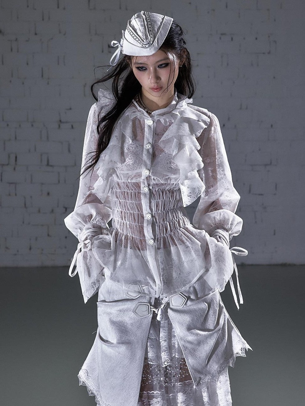 NO ROMANCE Dreamy Court Ruffle Gathered Waist Stand Collar Women&