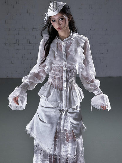 NO ROMANCE Dreamy Court Ruffle Gathered Waist Stand Collar Women&
