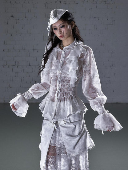NO ROMANCE Dreamy Court Ruffle Gathered Waist Stand Collar Women&