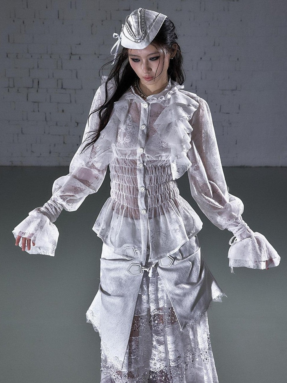 NO ROMANCE Dreamy Court Ruffle Gathered Waist Stand Collar Women&