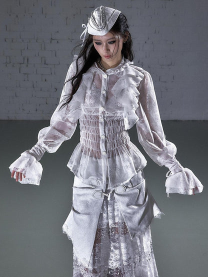 NO ROMANCE Dreamy Court Ruffle Gathered Waist Stand Collar Women&