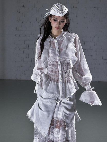 NO ROMANCE Dreamy Court Ruffle Gathered Waist Stand Collar Women&
