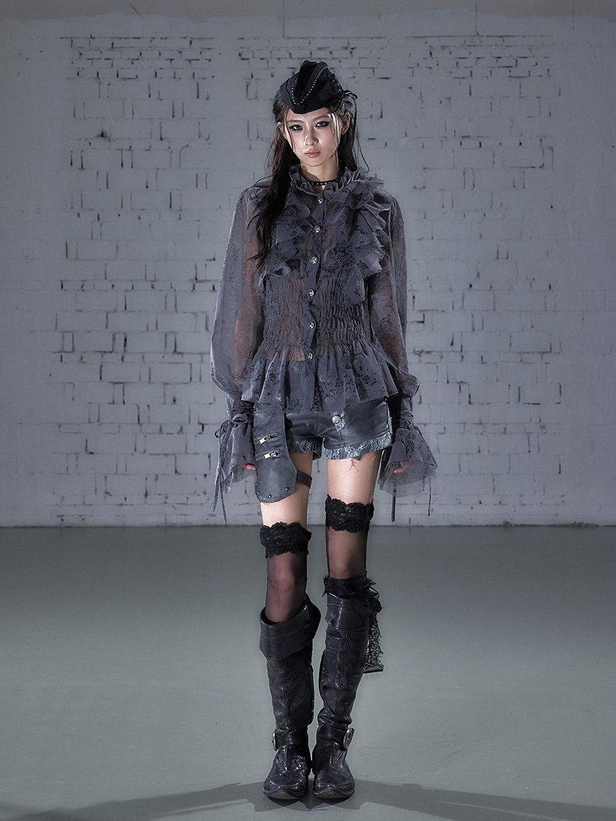 NO ROMANCE Dreamy Court Ruffle Gathered Waist Stand Collar Women&