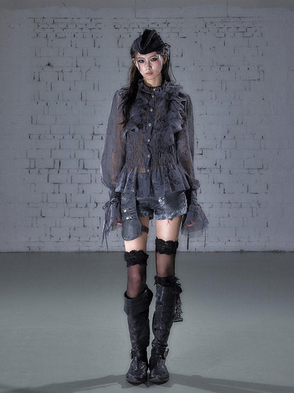 NO ROMANCE Dreamy Court Ruffle Gathered Waist Stand Collar Women&