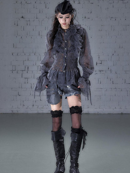 NO ROMANCE Dreamy Court Ruffle Gathered Waist Stand Collar Women&