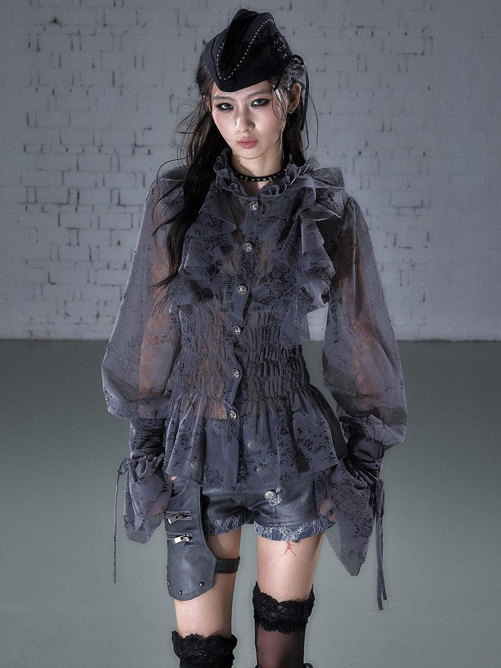 NO ROMANCE Dreamy Court Ruffle Gathered Waist Stand Collar Women&
