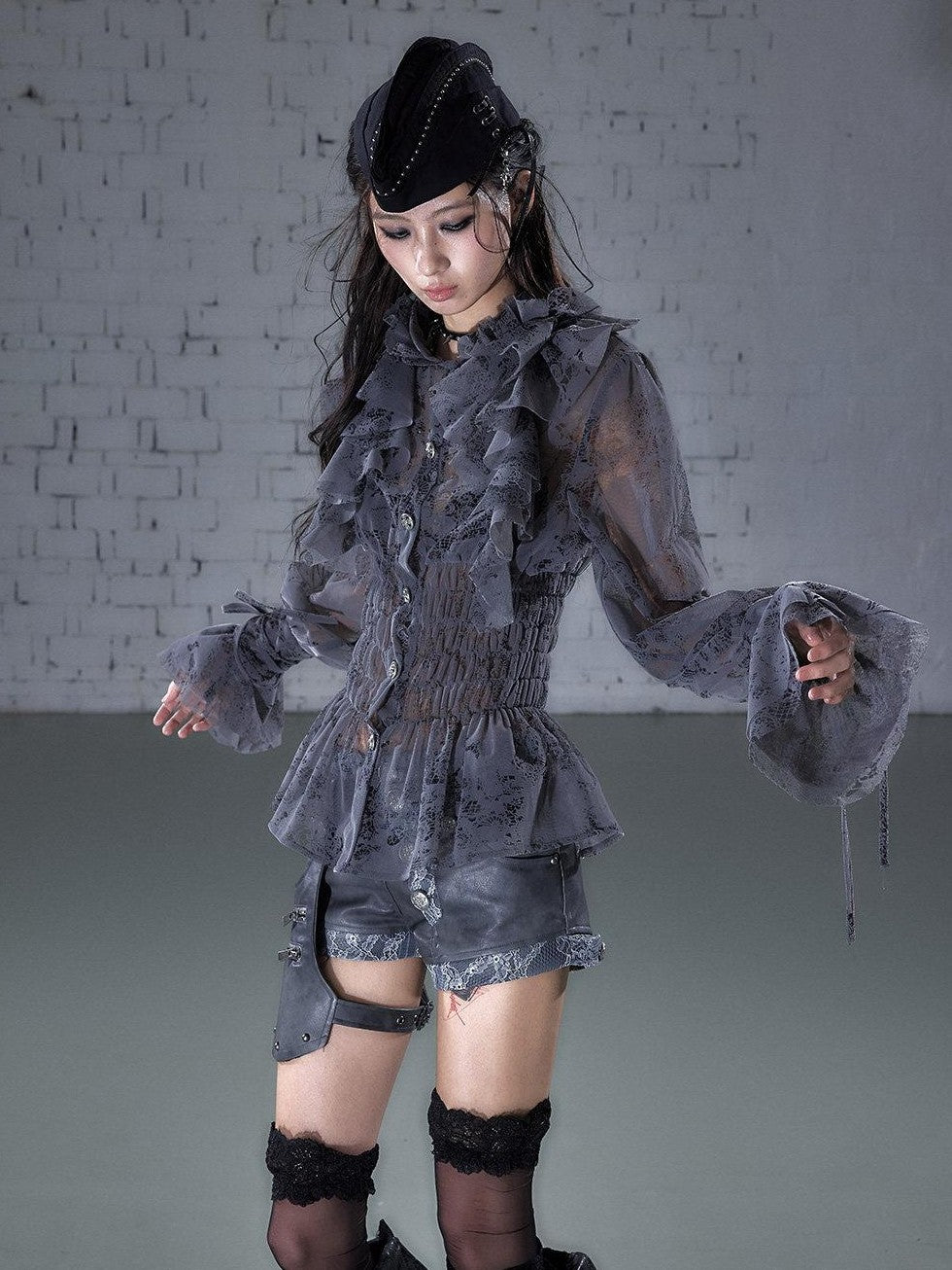 NO ROMANCE Dreamy Court Ruffle Gathered Waist Stand Collar Women&