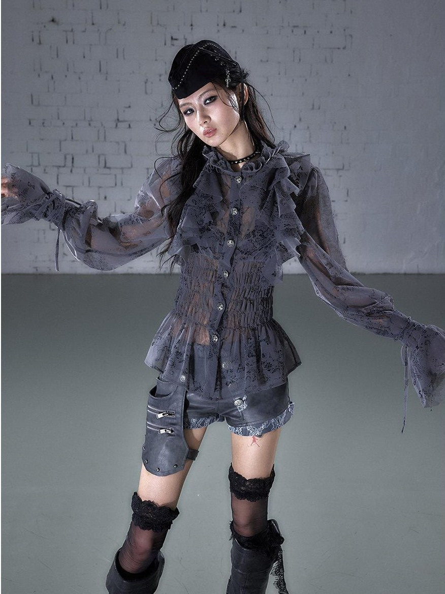 NO ROMANCE Dreamy Court Ruffle Gathered Waist Stand Collar Women&