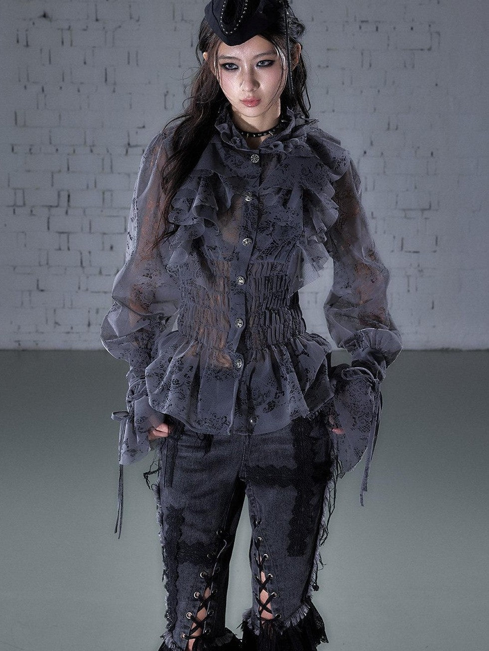 NO ROMANCE Dreamy Court Ruffle Gathered Waist Stand Collar Women&