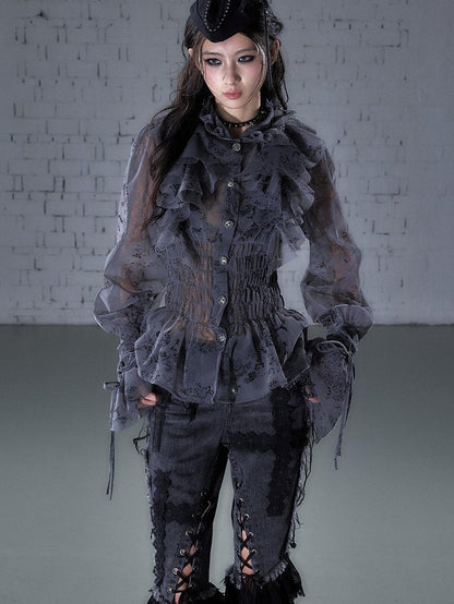 NO ROMANCE Dreamy Court Ruffle Gathered Waist Stand Collar Women&