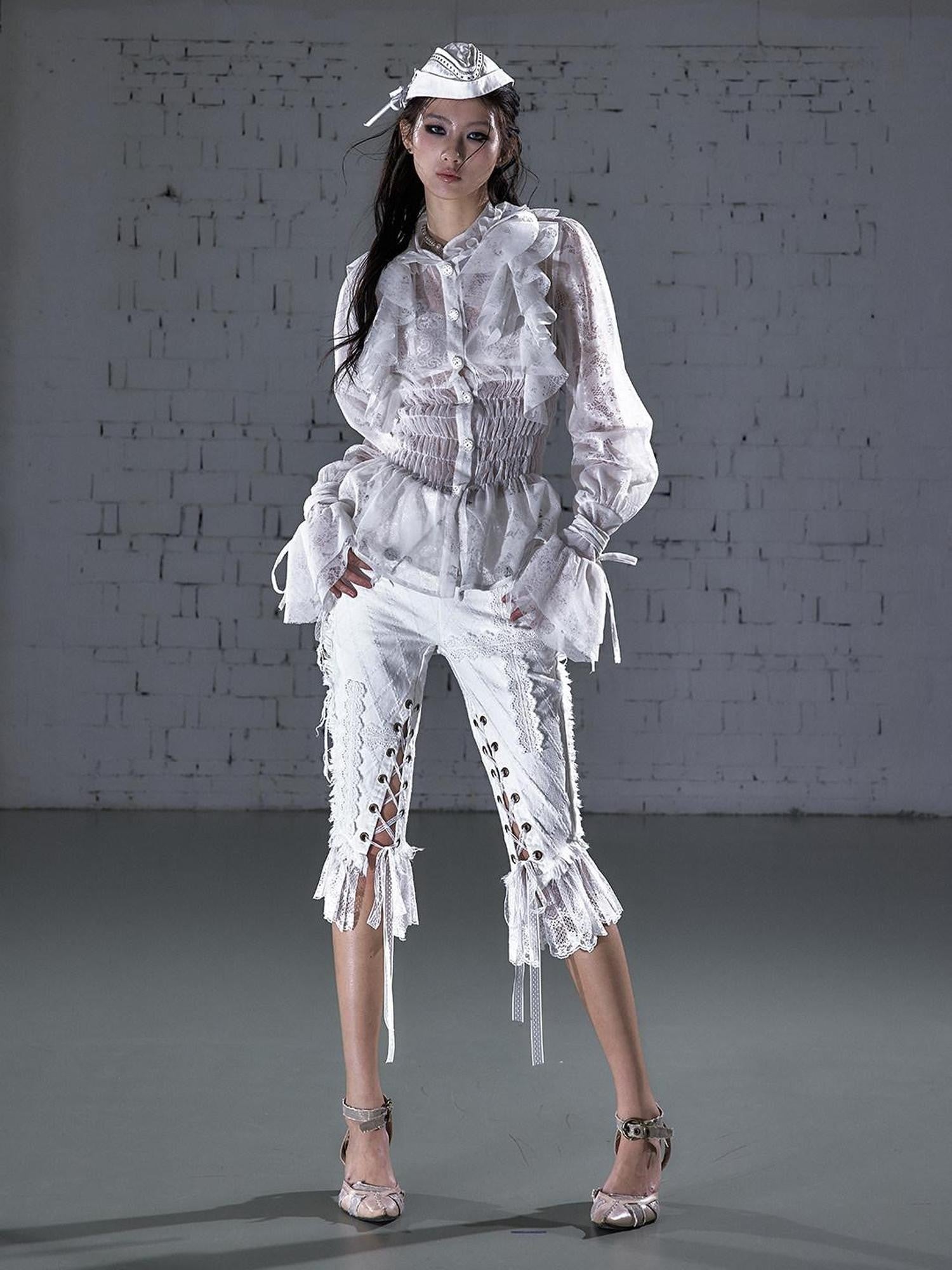 NO ROMANCE Dreamy Court Ruffle Gathered Waist Stand Collar Women&