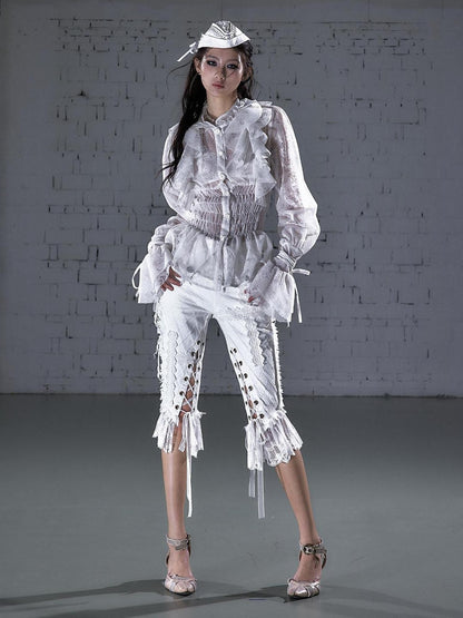 NO ROMANCE Dreamy Court Ruffle Gathered Waist Stand Collar Women&