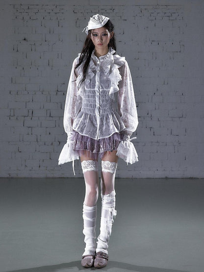 NO ROMANCE Dreamy Court Ruffle Gathered Waist Stand Collar Women&