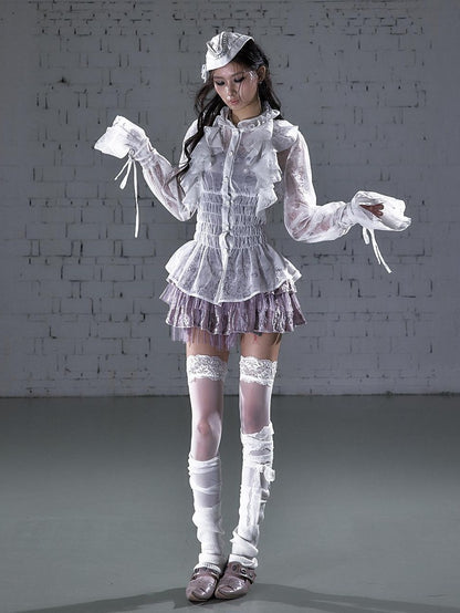 NO ROMANCE Dreamy Court Ruffle Gathered Waist Stand Collar Women&
