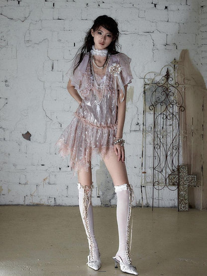 NO ROMANCE Dusty Pink Ivory Vintage Lace Court Women&