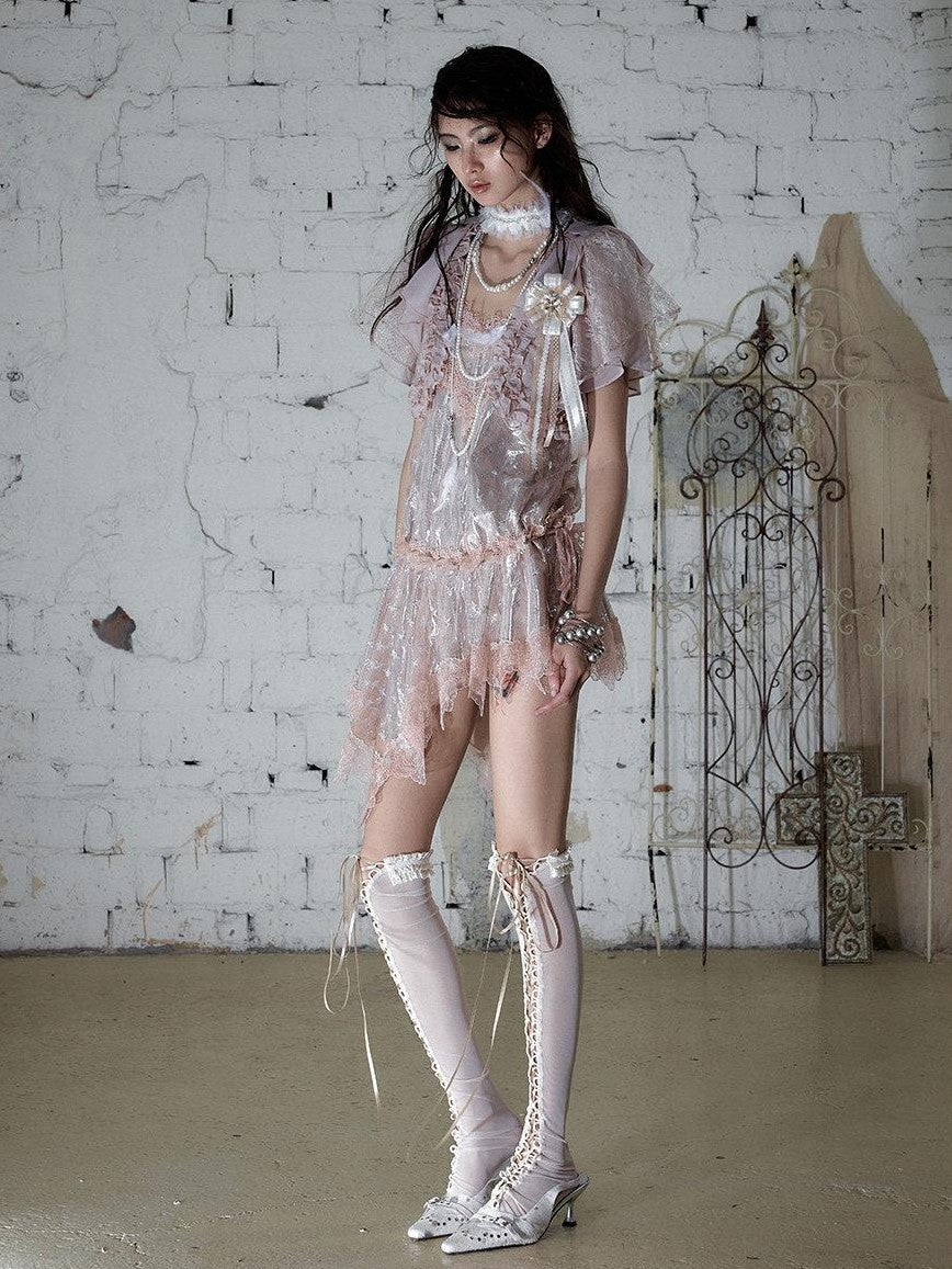 NO ROMANCE Dusty Pink Ivory Vintage Lace Court Women&