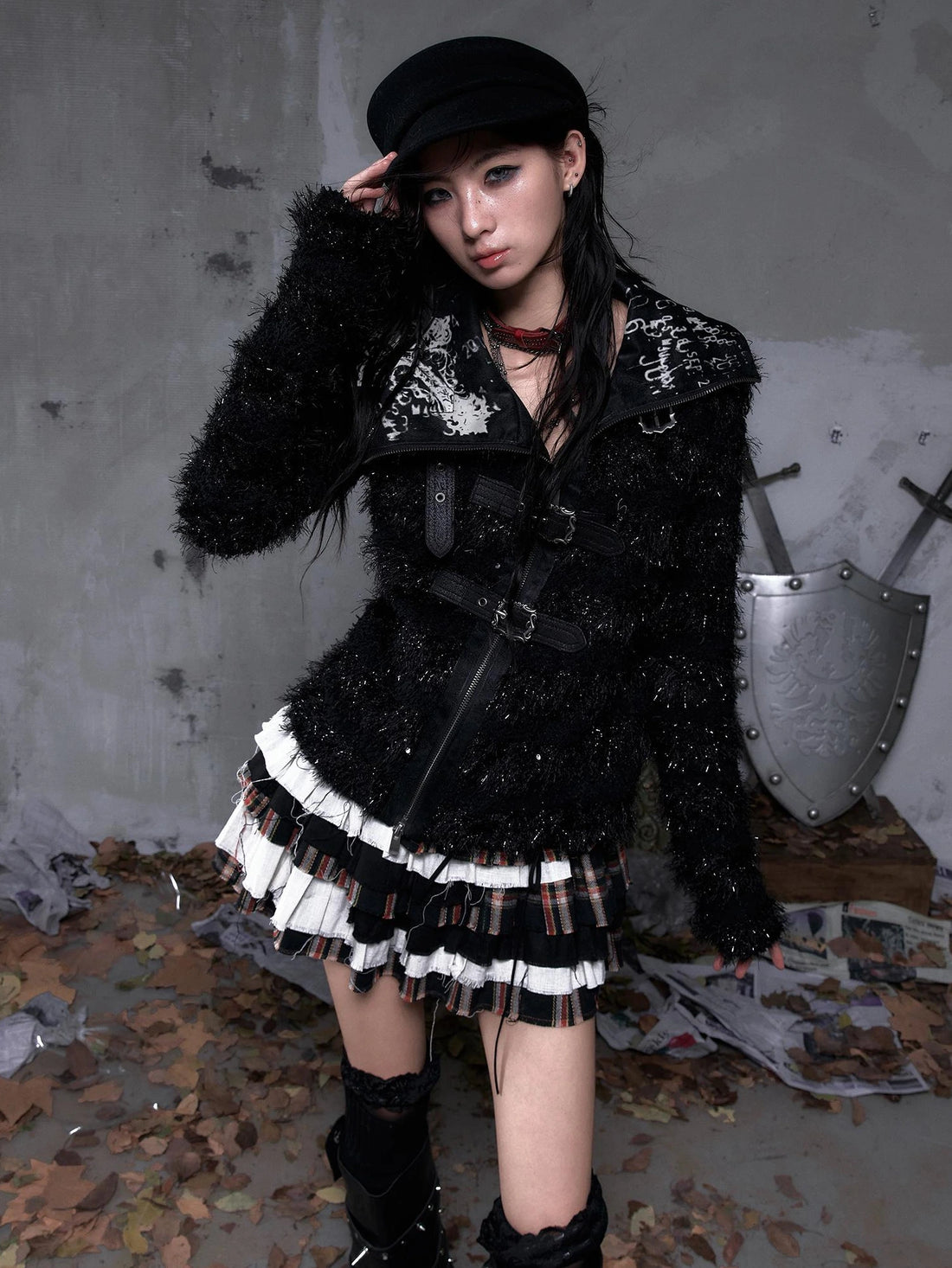 NO ROMANCE Edgy Gothic Zip Up Lapel Cropped Long Sleeve Metal Accents Black Womens Jacket