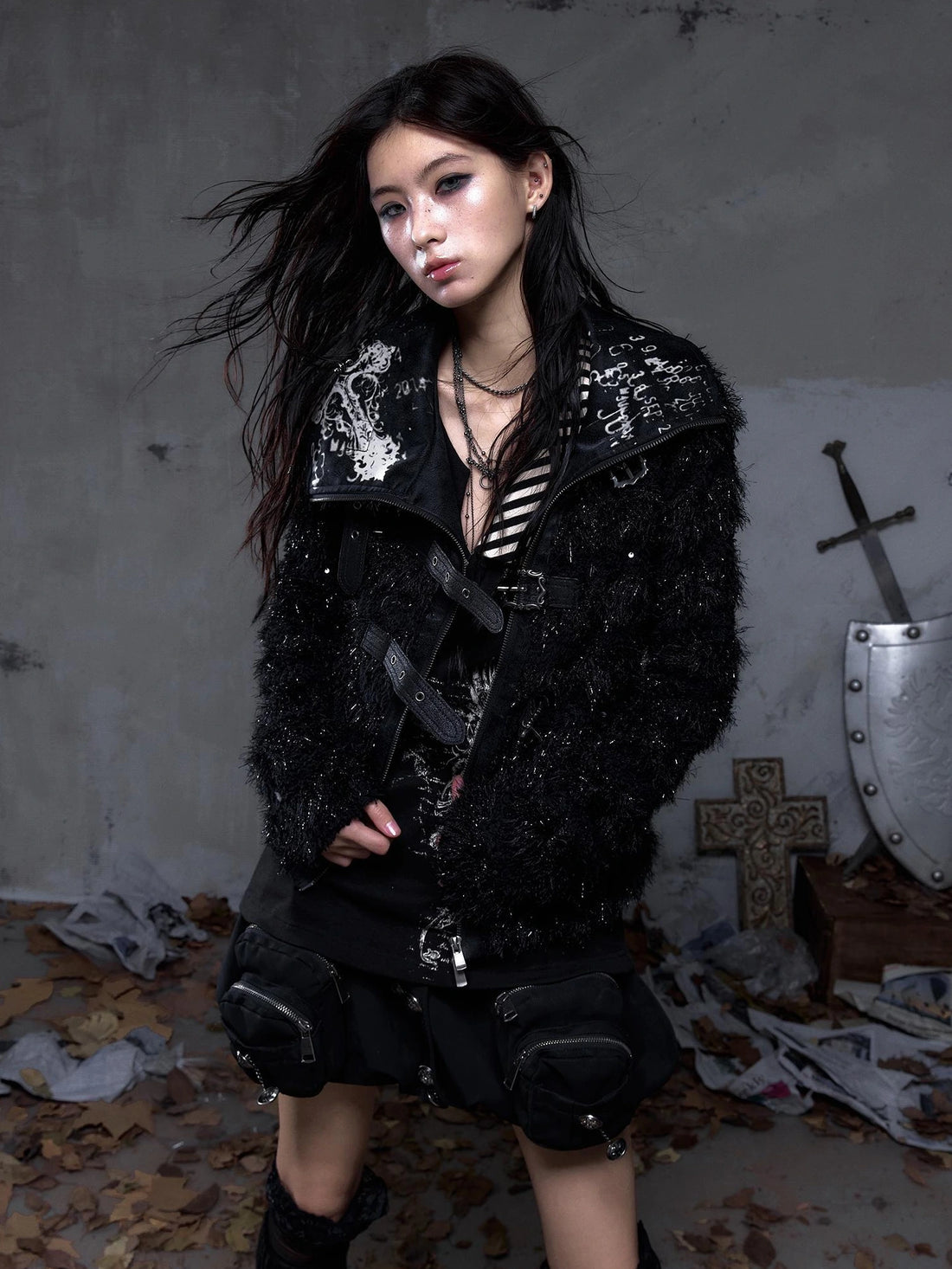 NO ROMANCE Edgy Gothic Zip Up Lapel Cropped Long Sleeve Metal Accents Black Womens Jacket