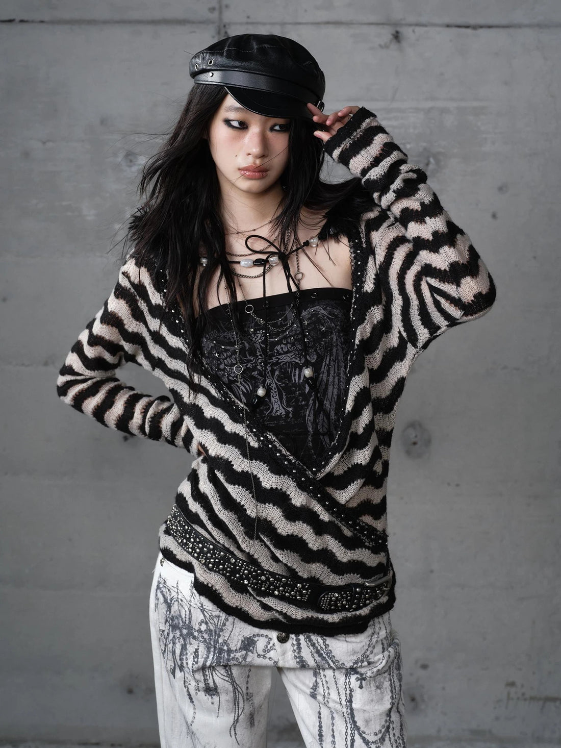 NO ROMANCE Edgy Punk Striped Slim Fit Long Sleeve Polyester Women Top Blouse