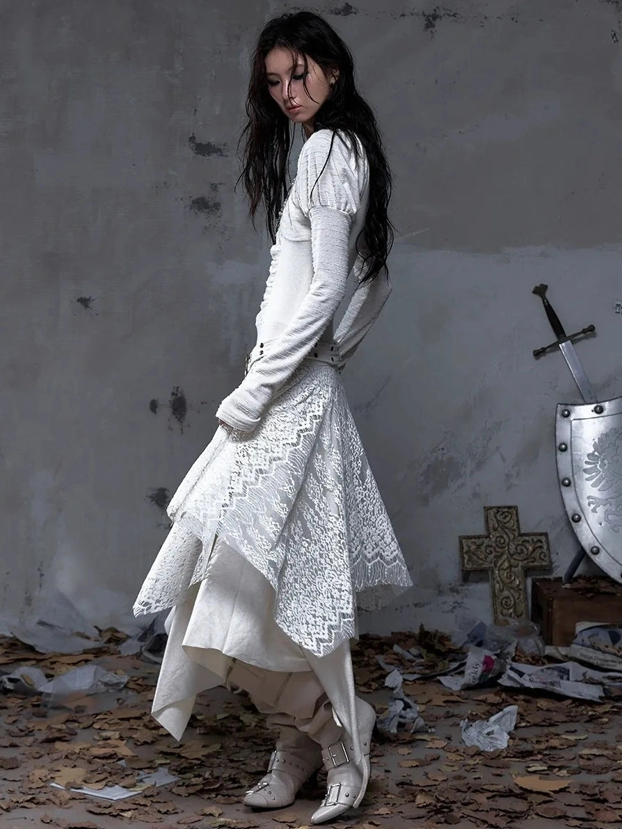 NO ROMANCE Elegant Palace Style Knit V Neck Puff Sleeve Asymmetric Hem Women Dresses