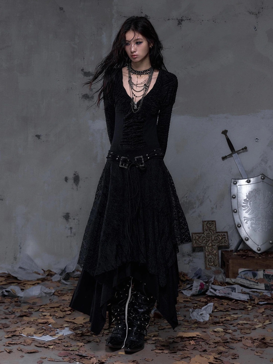 NO ROMANCE Elegant Palace Style Knit V Neck Puff Sleeve Asymmetric Hem Women Dresses