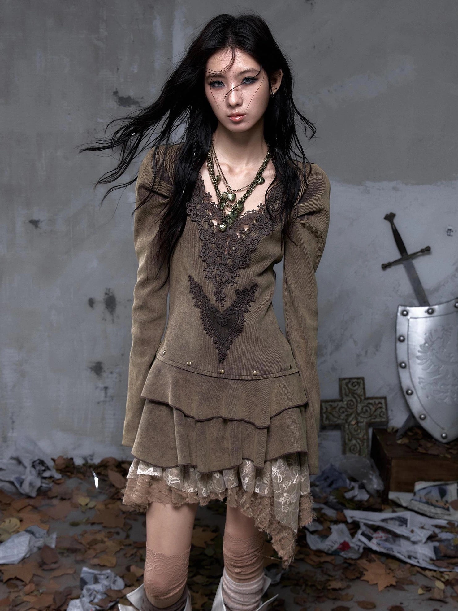 NO ROMANCE Elegant Palace Style V Neck Long Sleeve Knit A Line Slim Fit Women Dresses