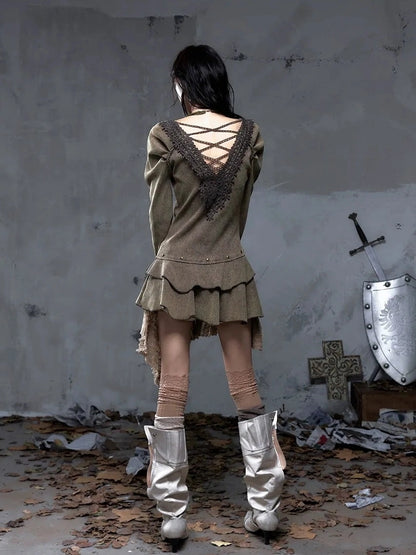 NO ROMANCE Elegant Palace Style V Neck Long Sleeve Knit A Line Slim Fit Women Dresses