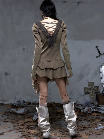 NO ROMANCE Elegant Palace Style V Neck Long Sleeve Knit A Line Slim Fit Women Dresses