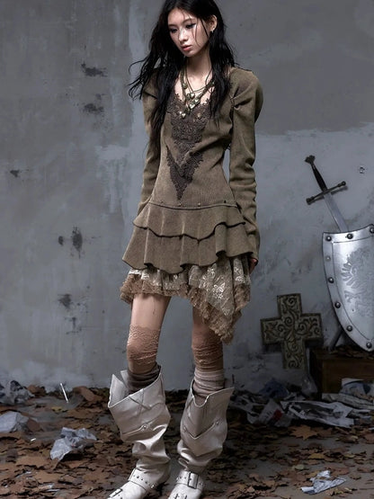 NO ROMANCE Elegant Palace Style V Neck Long Sleeve Knit A Line Slim Fit Women Dresses