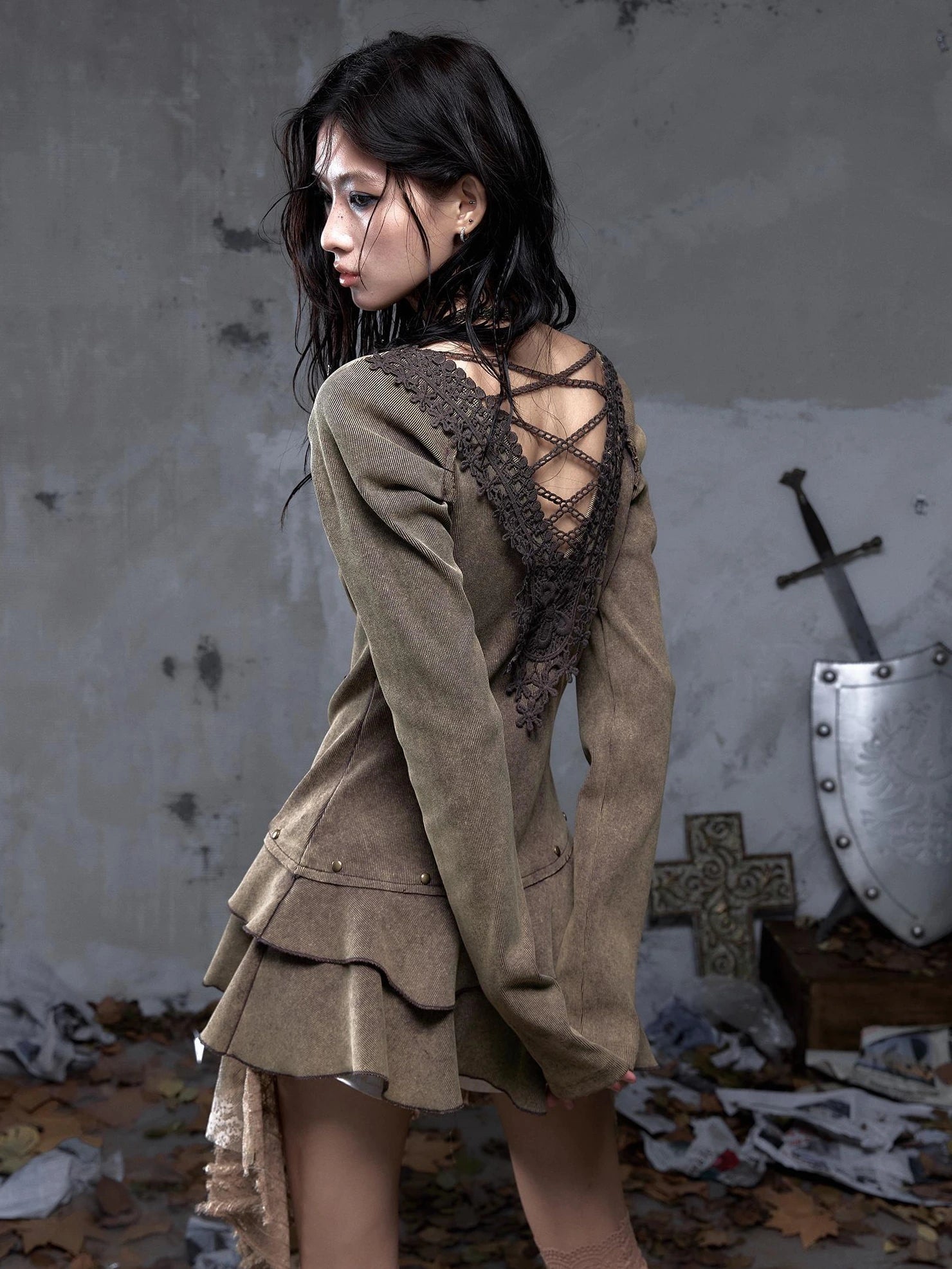 NO ROMANCE Elegant Palace Style V Neck Long Sleeve Knit A Line Slim Fit Women Dresses