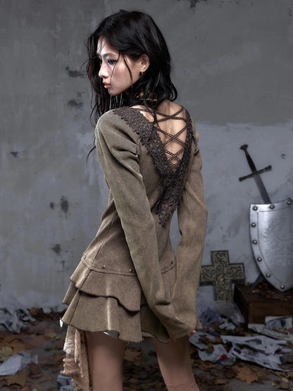 NO ROMANCE Elegant Palace Style V Neck Long Sleeve Knit A Line Slim Fit Women Dresses