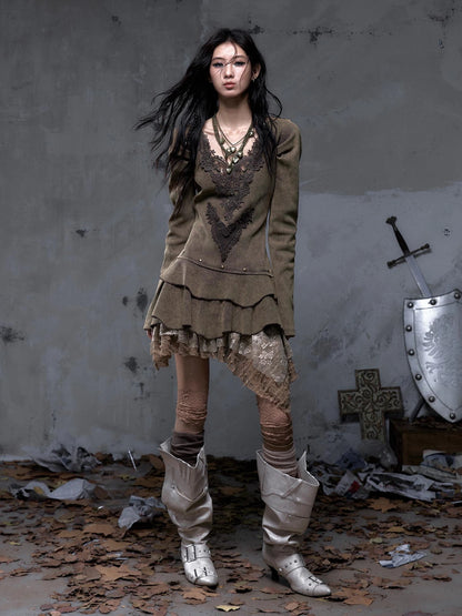 NO ROMANCE Elegant Palace Style V Neck Long Sleeve Knit A Line Slim Fit Women Dresses