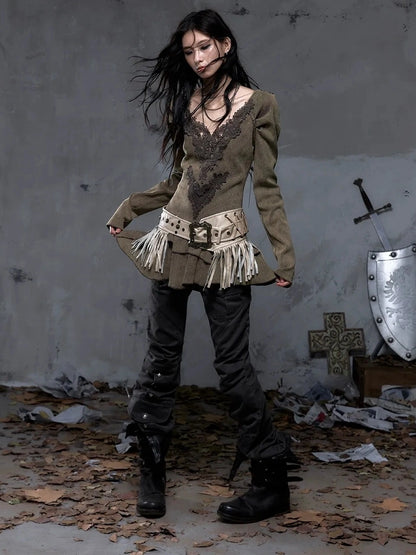 NO ROMANCE Elegant Palace Style V Neck Long Sleeve Knit A Line Slim Fit Women Dresses